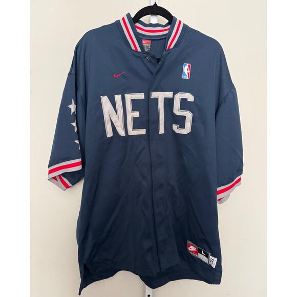 Vintage Nike New Jersey Nets Warm-Up Short Sleeved Jersey Mens L NBA Button Up - Picture 1 of 8